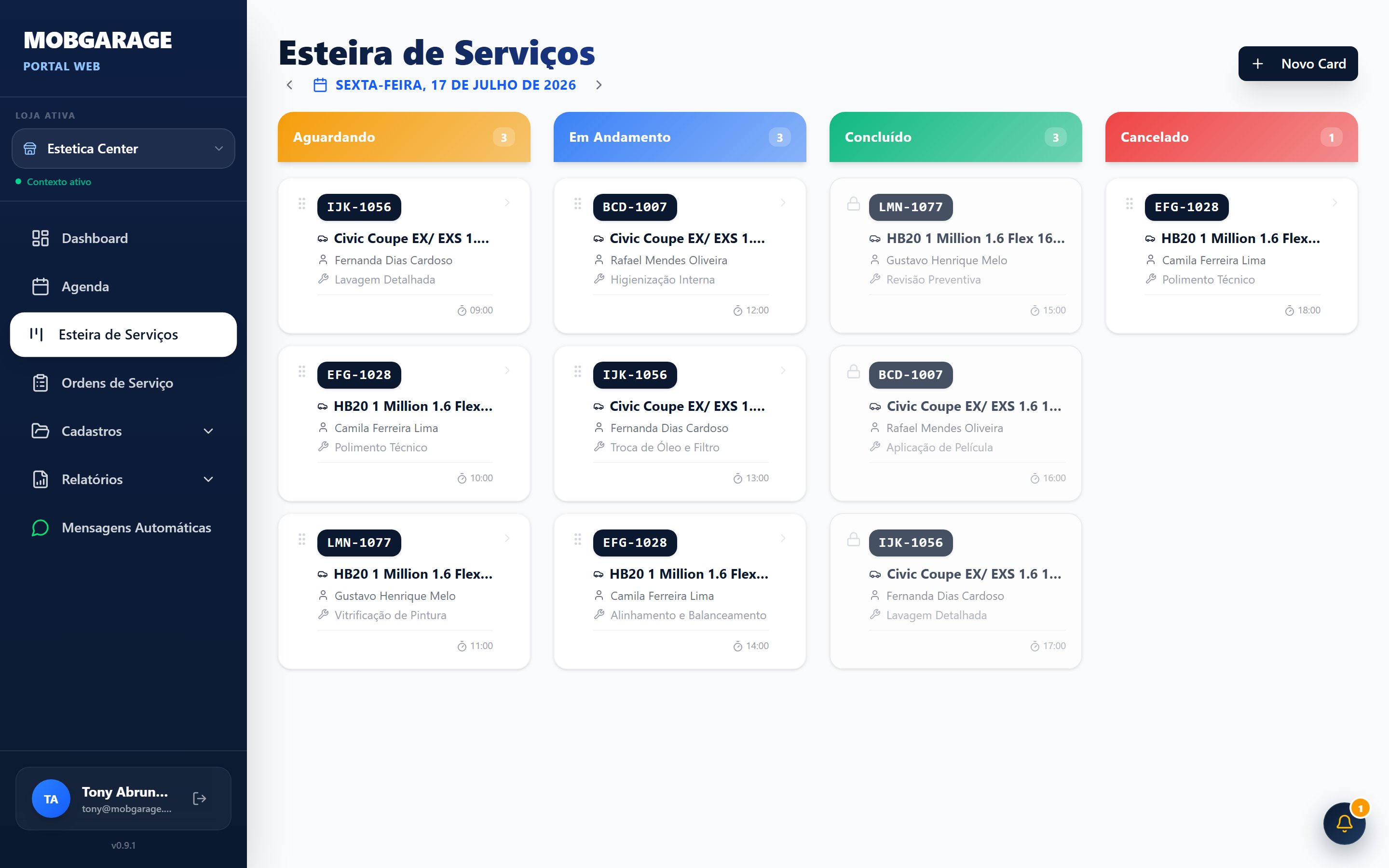 Esteira de serviços em quadro com colunas de status das ordens
